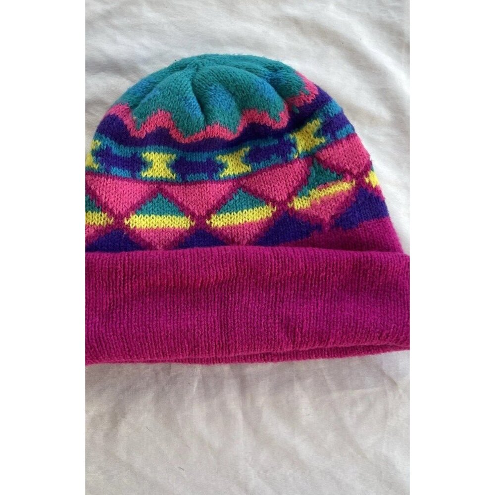 Vintage 90s Fleece Lined Acrylic Navajo Aztec Teal Purple Geometric Beanie Girls